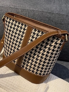 Vintage Houndstooth Patchwork Bucket Bag For Women PU Leather Crossbody Shoulder Bag Stylish Contrast Color Handbag Daily
