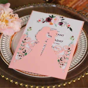 Laser cut hollow wedding invitation with pink couple silhouette and floral inner card