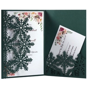 Laser-cut dark green snowflake invitation card with floral insert for Christmas and New Year