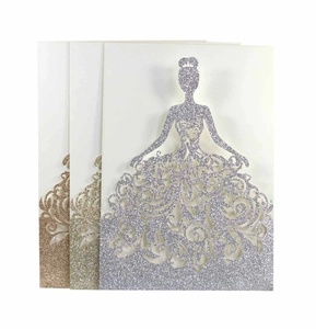 Intricate laser-cut princess dress invitations in silver, champagne, and bronze glitter