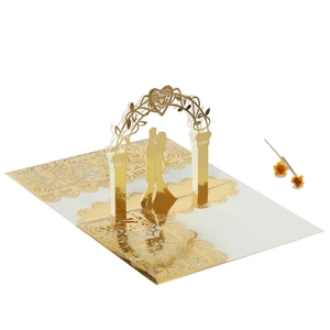 Detail of 3D pop-up wedding invitation featuring lace hollow design and couple silhouette