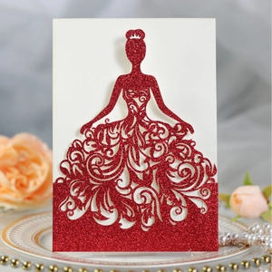 Red glitter laser-cut wedding invitation featuring a royal woman silhouette on a white card
