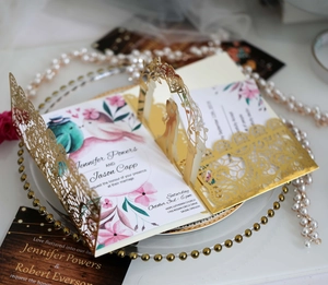 Detailed laser-cut 3D champagne wedding card with romantic pop-up couple and floral patterns