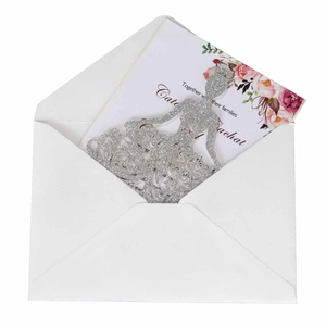 Laser cut silver glitter wedding invitation card in elegant dress shape with envelope