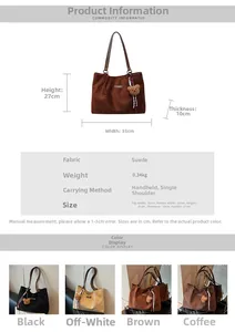 Detailed size chart and multi-color selection for large suede tote bag with bear charm
