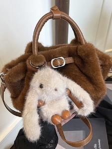 Damen Plüsch Kunstfell Eimertasche Mit Hasenanhänger Elegante Weiche Handtasche Für Herbst Winter Alltägliche Pendler Schultertasche