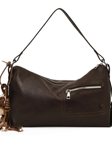 Dark brown leather hobo shoulder bag with zipper pocket and ball charm on white background