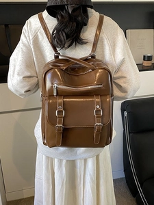 Brown oil wax leather large capacity backpack for women with vintage glossy finish