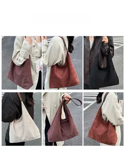 Collage of vintage suede tote bags in various colors showing shoulder and hand carrying style