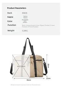 Detail view of large nylon travel tote with multiple pockets and removable strap