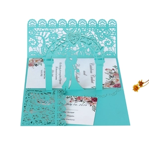 Teal lace laser-cut 3D pop-up wedding invitation card with elegant floral inner sheet