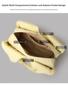 Internal structure of yellow nylon tote bag showing multiple pockets and main compartment