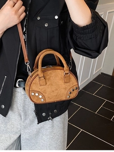 Brown suede mini crossbody bag with silver metallic studs and dual top handles