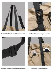 Detail view of khaki travel bag showing reinforced handles and adjustable buckles