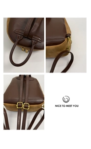 Detailed views of leather stitching, bronze hardware, and adjustable straps on the backpack