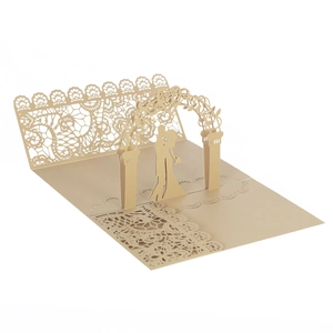 Detailed 3D pop-up wedding card featuring laser-cut lace and bridal couple silhouette