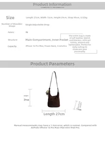 Detailed size chart for dark brown PU leather bucket bag with specific dimensions and capacity