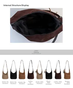 Detail view of spacious interior lining and color options for large suede tote bag
