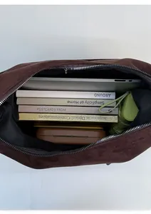 Deep brown oversized suede tote bag interior showing ample space for laptop and books