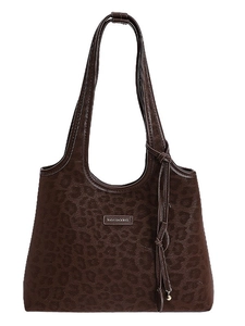Deep brown leopard print tote bag with fine shoulder straps and fashion metal charm