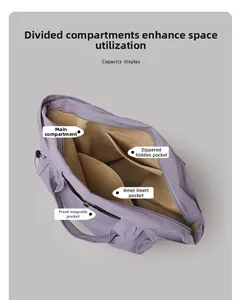 Top view of purple nylon tote bag interior showing multi-compartment storage layout