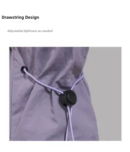 Close-up of adjustable purple drawstring with spring toggle on casual tote bag