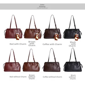 Color options for women's tote bags in red, brown, and black with teddy bear charms