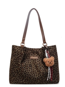 Grande borsa tote leopardata in finta pelle con manici marroni e ciondolo orsetto