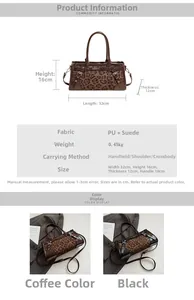Détails du sac cabas léopard en PU et daim avec dimensions et bandoulière réglable