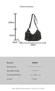 Size guide for denim crossbody bag showing adjustable straps and 26x21x11cm dimensions