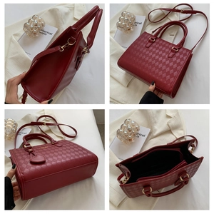 Detailed views of red quilted bridal handbag showing gold hardware and inner pockets