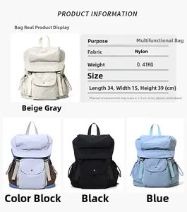 Vista dettagliata dello zaino in nylon leggero in quattro colori con dimensioni utili