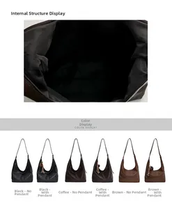 Detailed interior view and six color options of the large vintage faux leather tote bag
