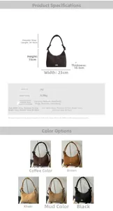 Detailed size chart and multi-color options for the minimalist PU crescent shoulder bag