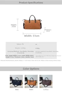 Détails du grand sac de voyage en cuir PU avec dimensions et trois options de couleurs