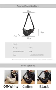 Size guide and material specs for the PU leather crescent crossbody bag with dimensions