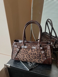 Vintage Leopardenmuster Wildleder PU Leder Achseltasche Für Damen Mode Patchwork Schulter Umhängetasche Handtasche Mit Metallschnallen