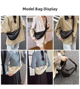 Style display of half-moon leather crossbody bags in black and beige with knot straps