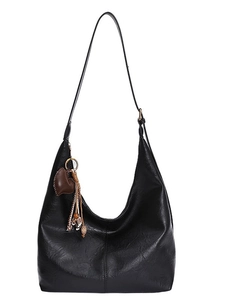Black leather-textured large Hobo shoulder bag with adjustable strap and heart tassel charm