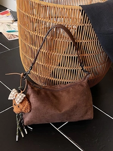 Brown faux suede large tote bag with cute bear charm and classic zipper closure