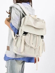 Zaino casual beige minimalista con grande capacità e tasche laterali con coulisse da donna