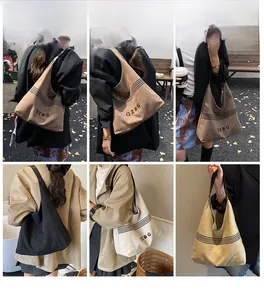 Multiple views of large canvas tote bag with QZBG print in brown black and khaki colors