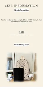 Size information and dimensions chart for corduroy backpack with tablet comparison