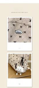Detail view of cream corduroy backpack with bow prints and cute cloud charm accessory