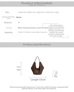 Detail showing dimensions 53x16x25cm of the vintage brown PU tote bag with large capacity
