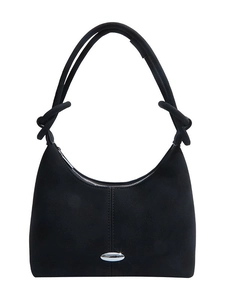Sleek black suede crescent Hobo bag with stylish knotted strap and silver metal detail