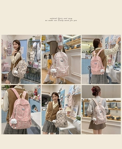 Japanese style canvas backpack with bow print and cloud plush pendant detail