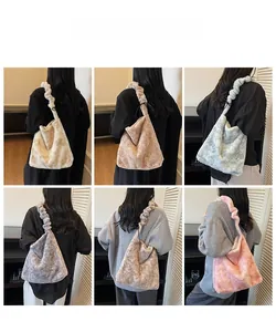 Collage of plush faux fur underarm bags in six soft colors worn by a female model