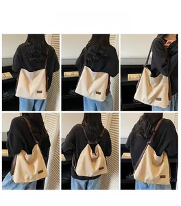 Multi-angle views of large beige canvas tote bag with brown leather straps and side logo