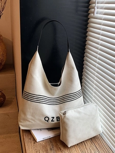Minimalist off-white canvas tote set with black QZB stripe and matching pouch
